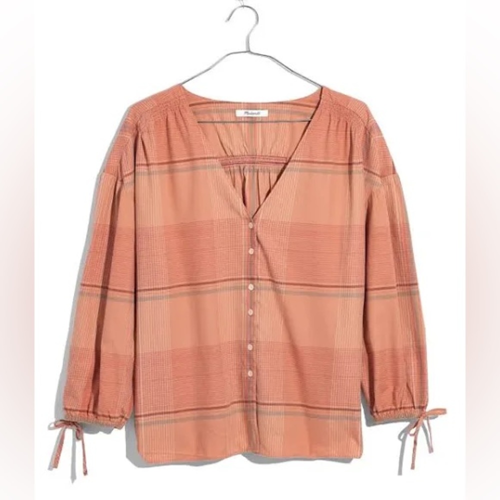 Madewell Morningview Tie-Sleeve Shirt in Peach Plaid L
